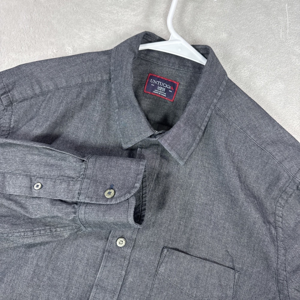 UNTUCKit Shirt Mens LG Gray Chambray Cotton Button Up Long Sleeve Casual Slim